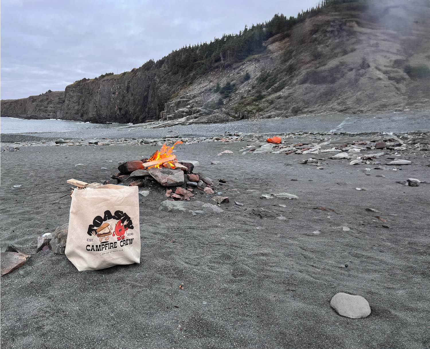 beach bag, coastal vintage vibe. Sandy beach bonfire